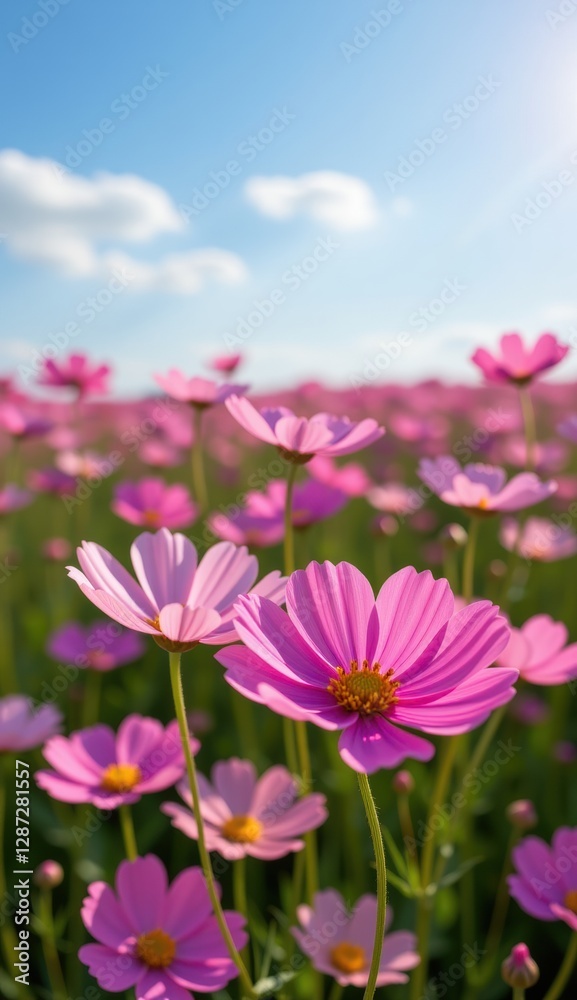 A vibrant field of pink cosmos flowers stretches towards a clear, bright blue sky, capturing the essence of a perfect summer day. A vibrant field of pink cosmos flowers stretches towards a clear, bright blue sky, capturing the essence of a perfect summer day.