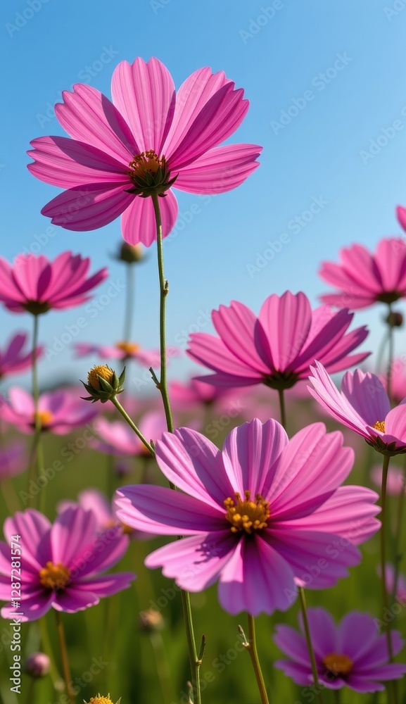 A vibrant field of pink cosmos flowers stretches towards a clear, bright blue sky, capturing the essence of a perfect summer day. A vibrant field of pink cosmos flowers stretches towards a clear, bright blue sky, capturing the essence of a perfect summer day.
