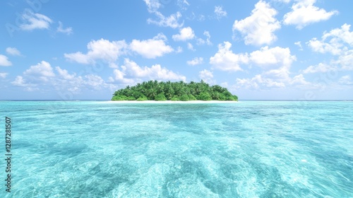 Tropical Island Paradise, Calm Ocean, Lush Vegetation, Tranquil Scenery, Scenic View,  Ideal for Relaxation