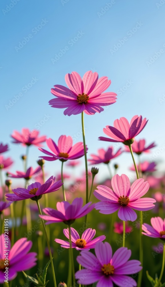 A vibrant field of pink cosmos flowers stretches towards a clear, bright blue sky, capturing the essence of a perfect summer day. A vibrant field of pink cosmos flowers stretches towards a clear, bright blue sky, capturing the essence of a perfect summer day.
