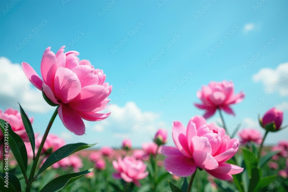 Gentle pink peonies unfold against a vast blue sky, garden, blooms, pink peonies Gentle pink peonies unfold against a vast blue sky, garden, blooms, pink peonies