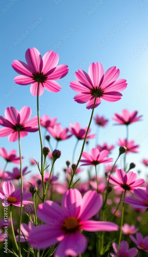 A vibrant field of pink cosmos flowers stretches towards a clear, bright blue sky, capturing the essence of a perfect summer day. A vibrant field of pink cosmos flowers stretches towards a clear, bright blue sky, capturing the essence of a perfect summer day.