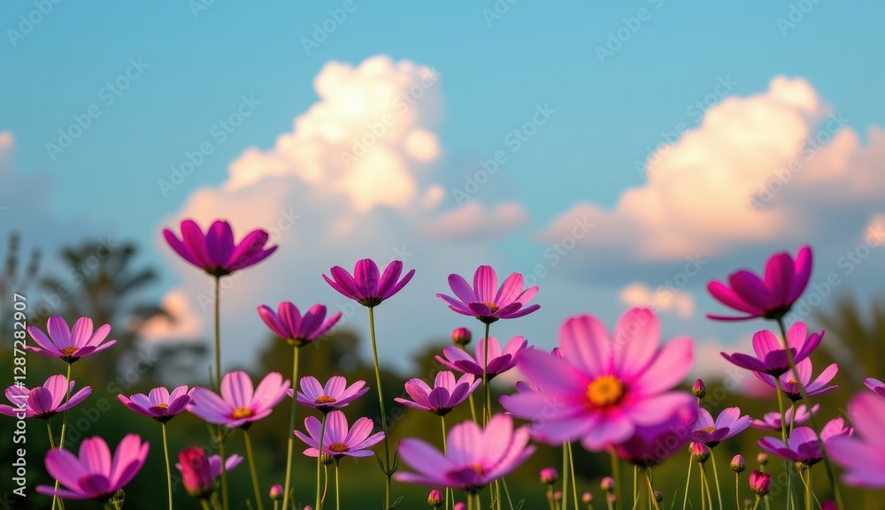 Colorful pink flowers bloom under a bright moon against a backdrop of fluffy clouds in a serene field Colorful pink flowers bloom under a bright moon against a backdrop of fluffy clouds in a serene field