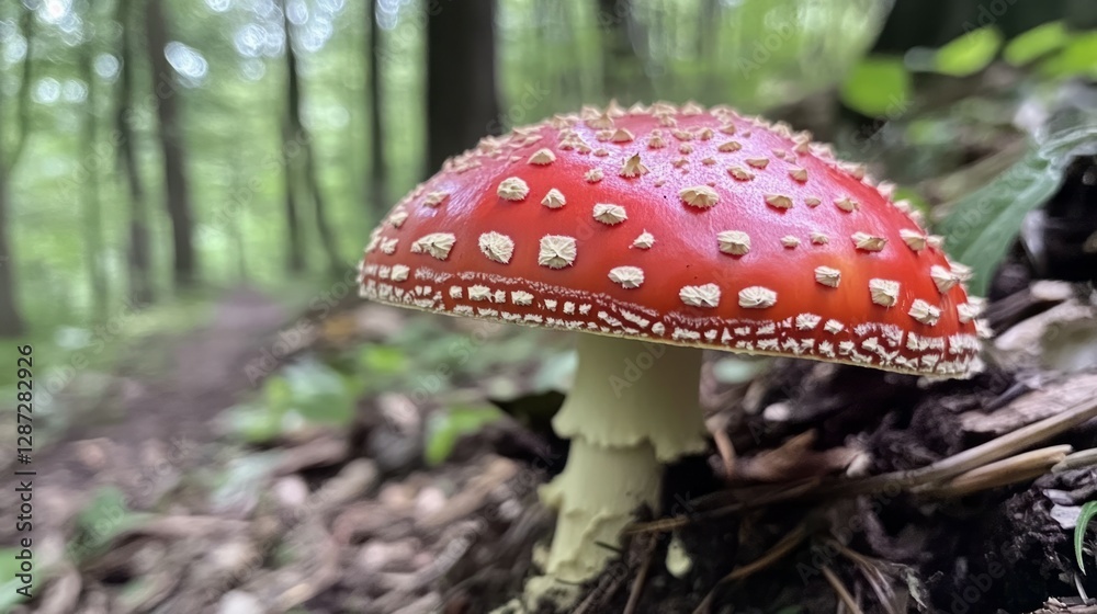 A vibrant red mushroom with white dots stands out in a lush green forest. A vibrant red mushroom with white dots stands out in a lush green forest.