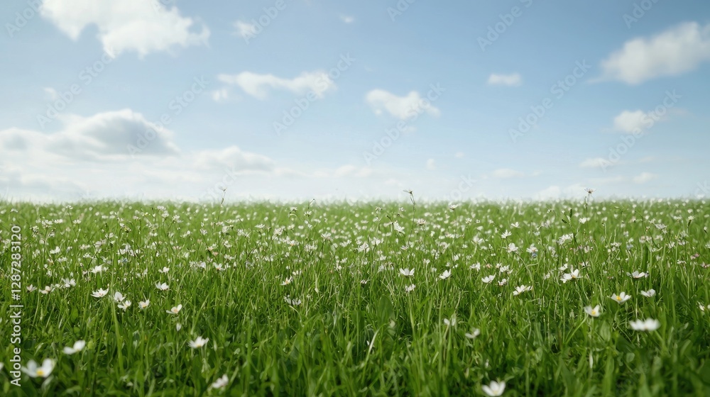 Field of daisies under a partly cloudy sky. Possible use nature, tranquility, spring Field of daisies under a partly cloudy sky. Possible use nature, tranquility, spring