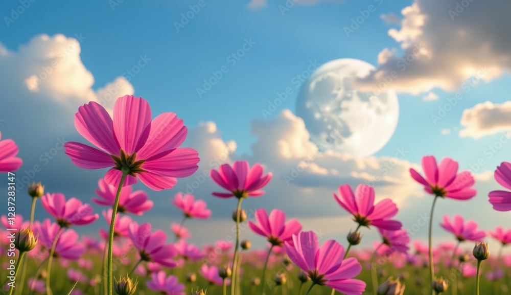 Colorful pink flowers bloom under a bright moon against a backdrop of fluffy clouds in a serene field