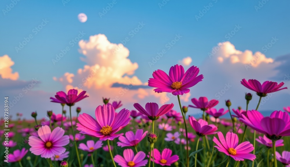 Colorful pink flowers bloom under a bright moon against a backdrop of fluffy clouds in a serene field Colorful pink flowers bloom under a bright moon against a backdrop of fluffy clouds in a serene field