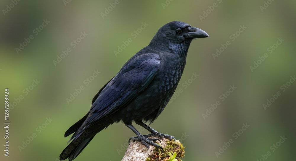 Black Raven Perched on Mossy Branch Close Up in Natural Setting Black Raven Perched on Mossy Branch Close Up in Natural Setting