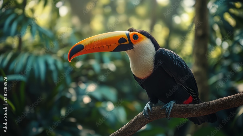 Obraz premium Vibrant toucan perched on a branch in lush greenery.