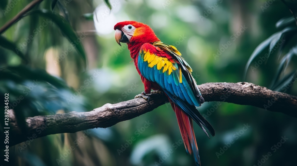 Vibrant Scarlet Macaw perched on a branch. Vibrant Scarlet Macaw perched on a branch.