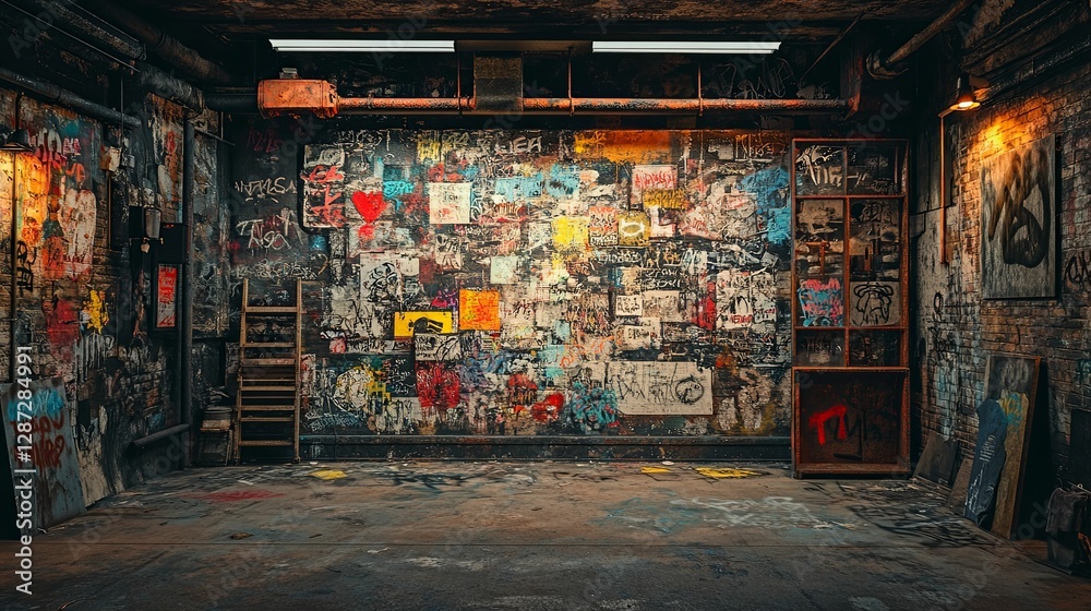 Naklejka premium Graffiti Covered Urban Basement Room Scene
