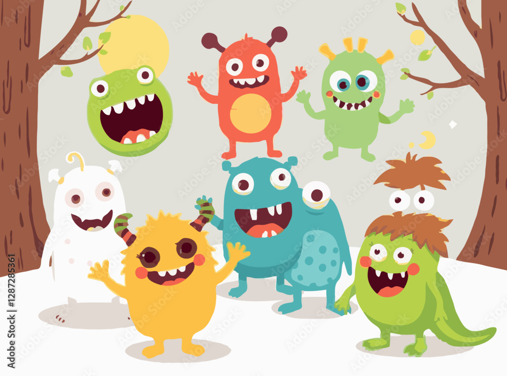 Naklejka premium Playful Monster Characters - Charming Vector Art for Children's Books