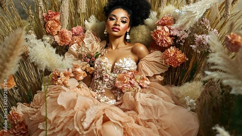 A woman adorned in a flowery gown lies in a bed of flowers and decorative foliage.