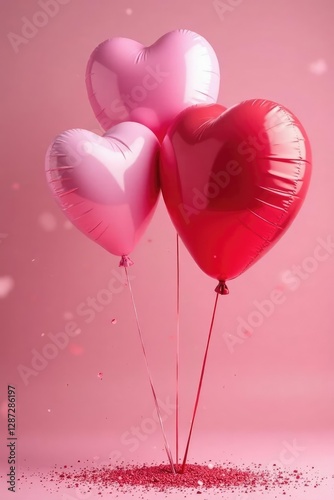 Soft pink and red heart balloons suspended in mid-air amidst glittering dust, pink, glittering