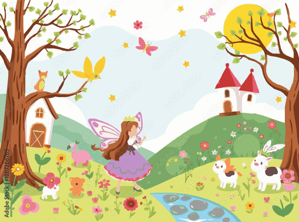 Naklejka premium Whimsical Fairy Tale Scenes Vector Graphics for Children's Books