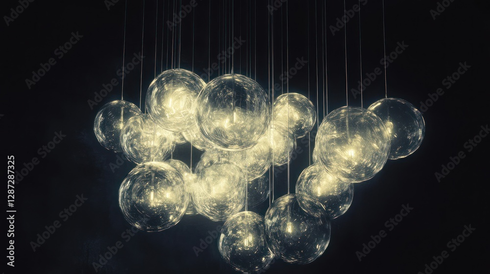 Obraz premium Illuminated Glass Sphere Chandelier: A Symphony of Light and Transparency