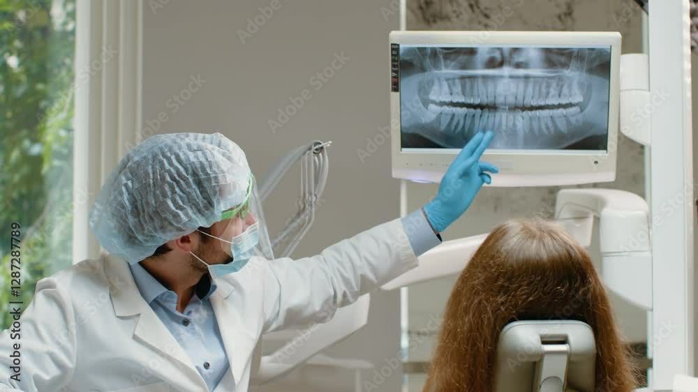 A dentist in a white coat points at a dental x-ray on a monitor while discussing treatment with a patient in a modern dental clinic. The patient is seated, looking attentively at the screen.