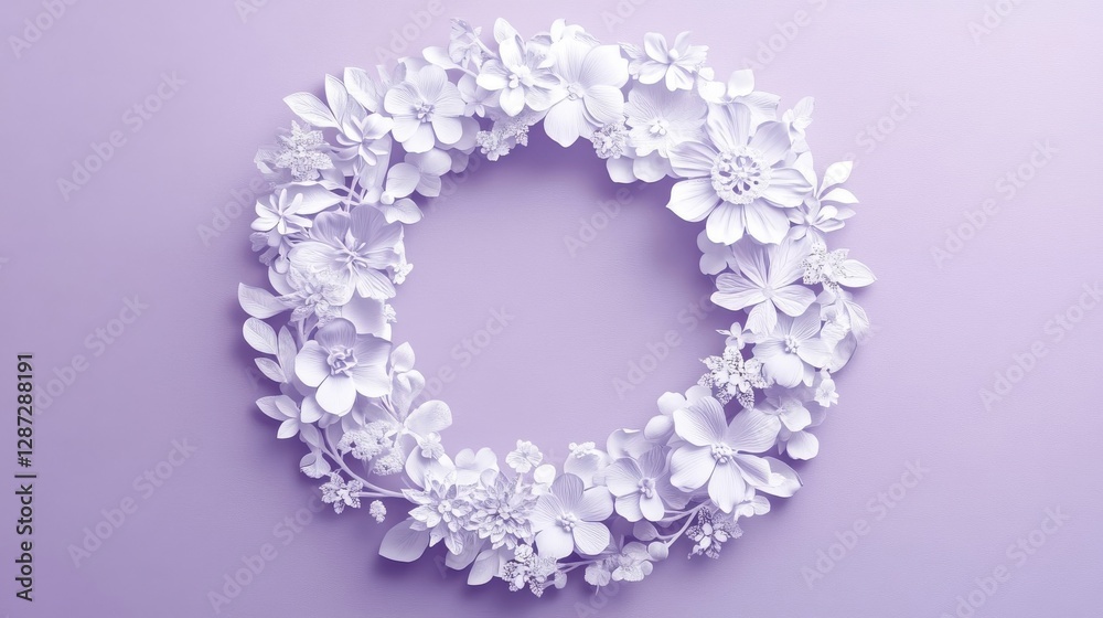 White Floral Wreath on Lavender Background White Floral Wreath on Lavender Background