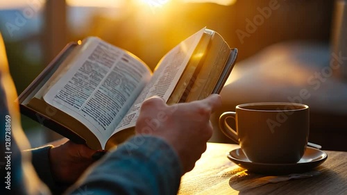 Person reading book outdoors at sunrise with coffee