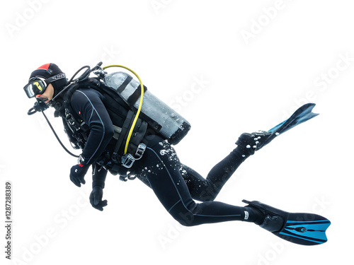 Scuba Diver in Full Gear – Isolated on White Background as Transparent. PNG. AI GENERATED