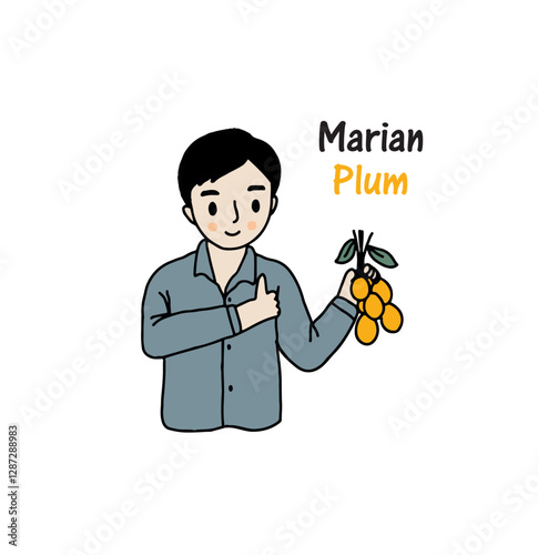 farmer holding Marian Plum and thumbs up, hand drawn style vector illustration