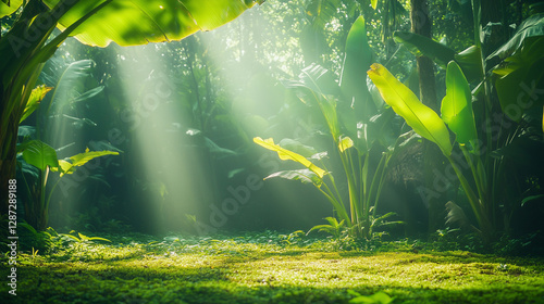 Lush Tropical Rainforest Scene Sunlight Rays Through Green Foliage and Mossy Ground