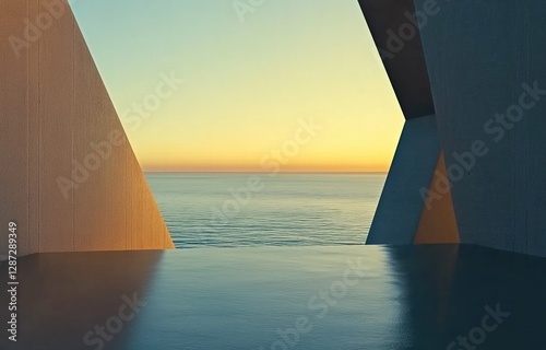 Stunning Abstract Architecture Framing Serene Ocean Sunset with Calm Waters
 photo