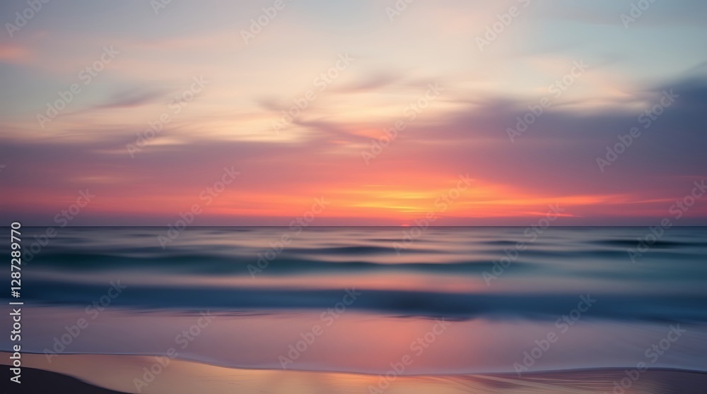 Obraz premium Blurred seascape at sunset, vibrant orange and pink sky, long exposure ocean waves, tranquil beach scene, pastel colors, dreamy atmosphere, soft focus, serene horizon, ethereal coastal landscape, peac