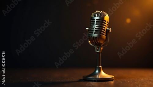 Vintage gold microphone on black background with warm lights, nostalgic, lighting, black