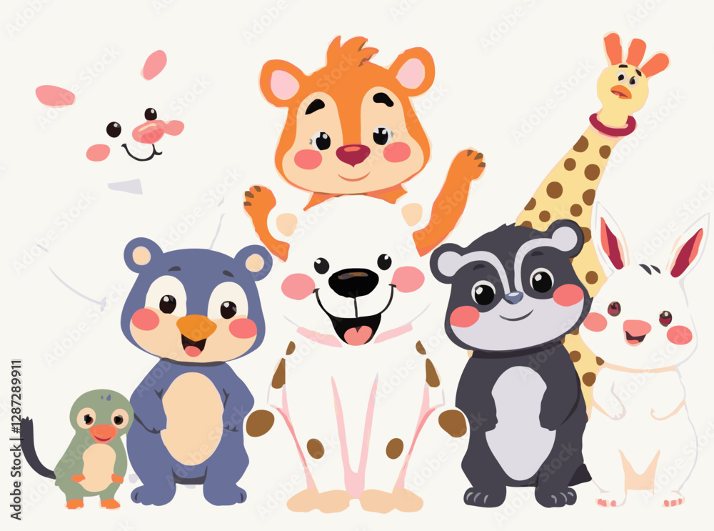Naklejka premium Playful Animal Characters in Colorful Vector Illustrations