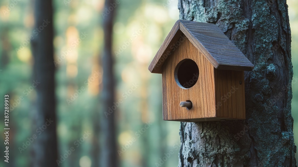 Wooden birdhouse attached to a tree in a forest. Wooden birdhouse attached to a tree in a forest.