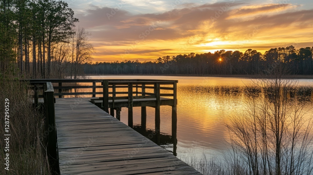 Obraz premium Serene sunset over a tranquil lake, wooden pier extending into the calm water.