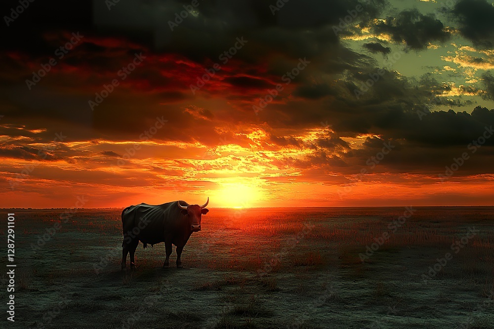 A lone bull stands silhouetted against a fiery sunset sky A lone bull stands silhouetted against a fiery sunset sky