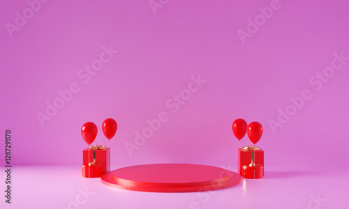 Pink red orange color podium stage stand showcase present product award balloon gift golden color empty blank copy space round circle background wallpaper romance love advertisement sale shopping web