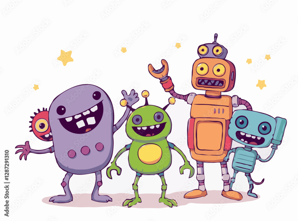 Obraz premium Joyful Monsters and Robots in Colorful Vector Graphics