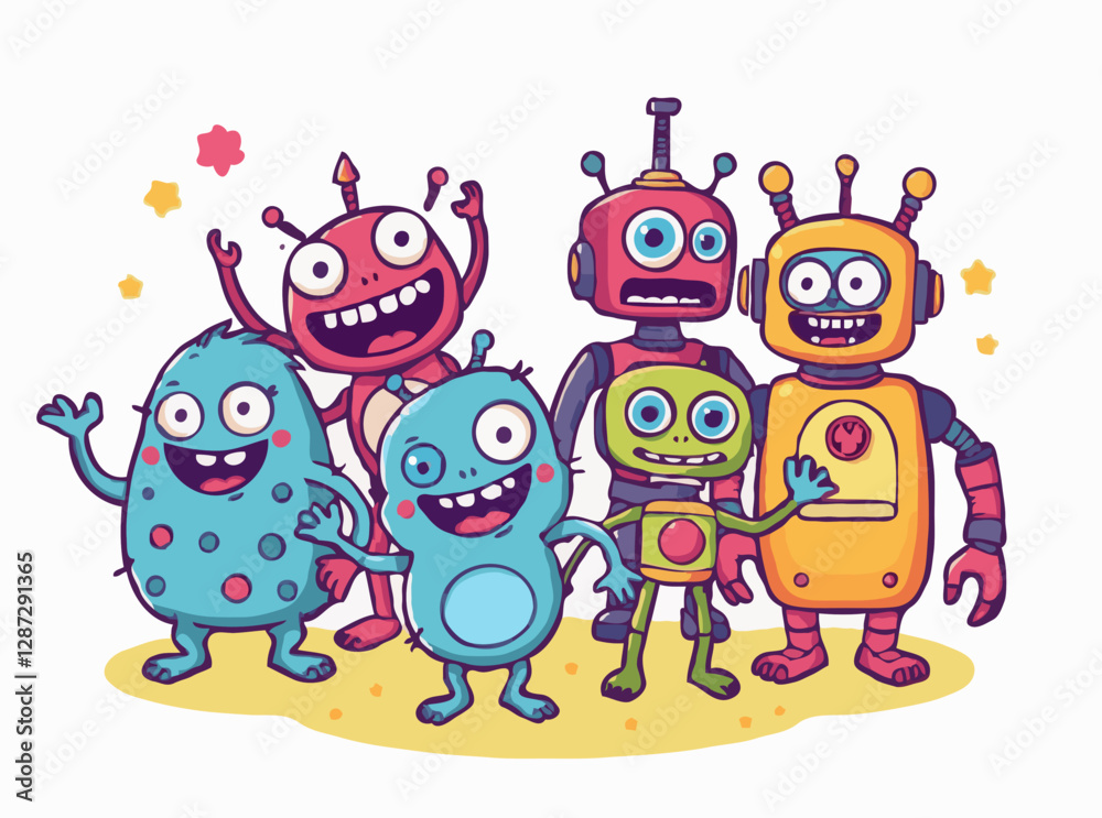 Fototapeta premium Joyful Monsters and Robots in Colorful Vector Graphics