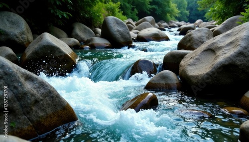 Rocky riverbed with fast flowing water and boulders, rock, rocky_riverbed