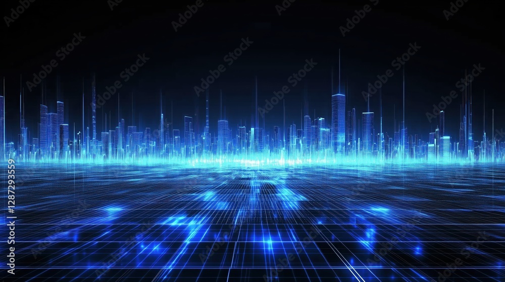 Stunning Futuristic Cityscape with Luminous Blue Lines and Digital Grid at Night
Stunning Futuristic Cityscape with Luminous Blue Lines and Digital Grid at Night