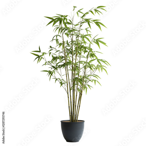 A Tall Potted Bamboo Plant with Sleek Thin Stalks Isolated on Transparent Background