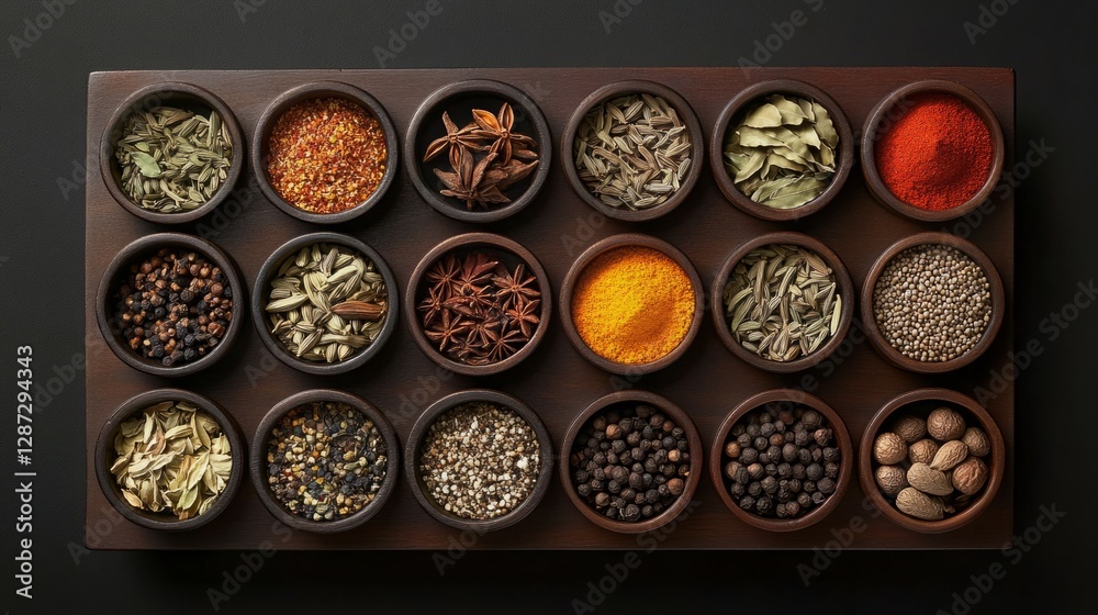 Aromatic spices in small bowls arranged on a dark wooden tray.