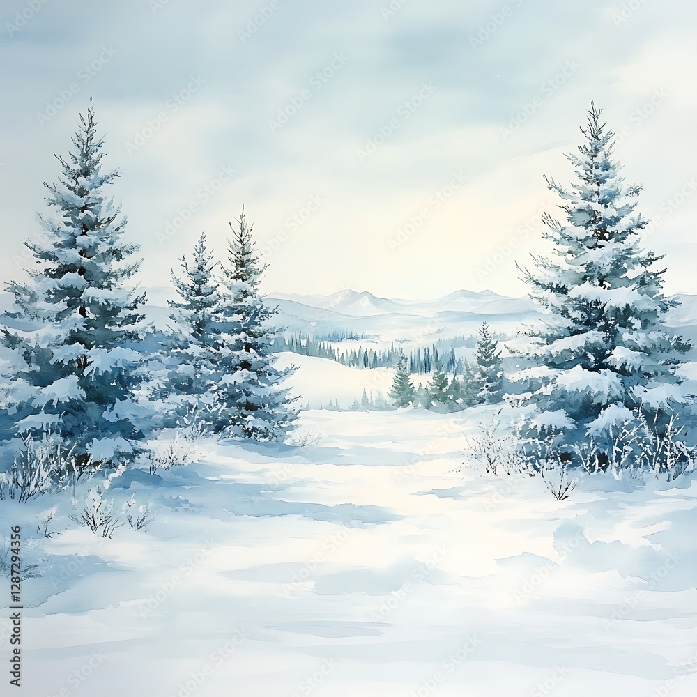 Fototapeta premium Snowy winter landscape, mountains, trees, postcard
