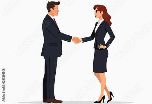 A 2D flat vector illustration in Adobe Illustrator, showcasing a businessman and businesswoman confidently shaking hands, full body view, with a white background for easy removal.

