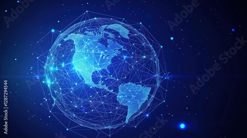 Illuminated Digital Globe with Interconnected Network Lines Against a Deep Blue Background Evoking a Sense of Global Connectivity
