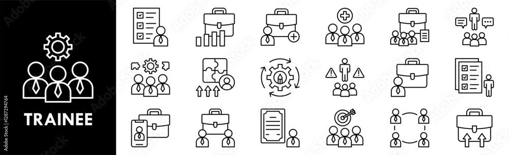 Trainee icon collection set. Containing design professional, work, training, employee, learning Trainee icon collection set. Containing design professional, work, training, employee, learning