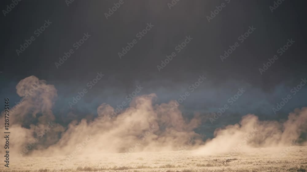 A dramatic, low-angle video captures a vast, misty landscape under a dark, moody sky, emphasizing the ethereal beauty of nature's elements.