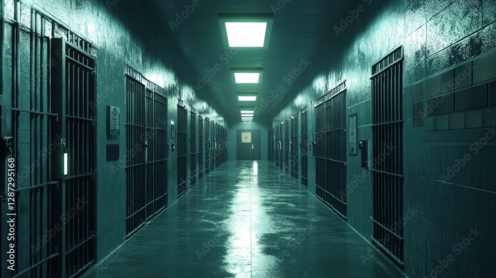 Obraz premium Eerie Prison Corridor: A Gloomy Night in Solitary Confinement