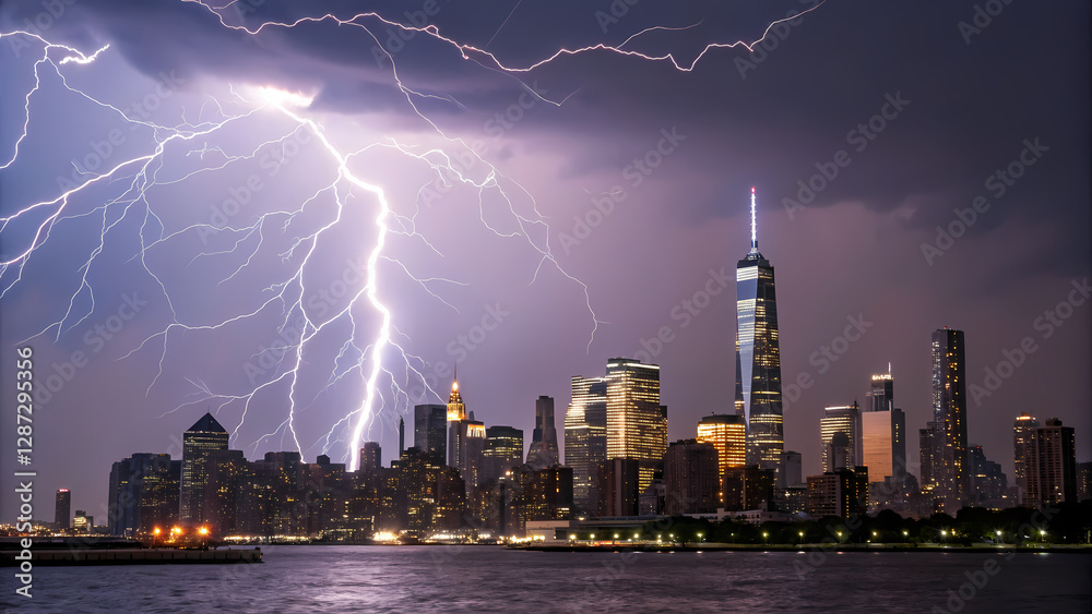 Obraz premium Awe inspiring spectacle captures cityscape under dramatic lightning, evoking sense of power and wonder