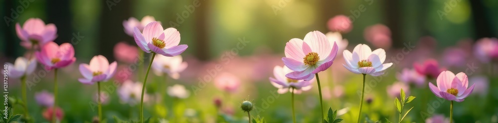 Soft petals of anemones in a forest meadow, delicate white and pink hues, anemones, garden, nature Soft petals of anemones in a forest meadow, delicate white and pink hues, anemones, garden, nature