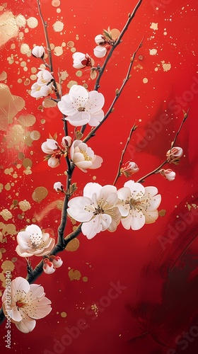Traditional gold foil art red and white plum blossom illustration poster background