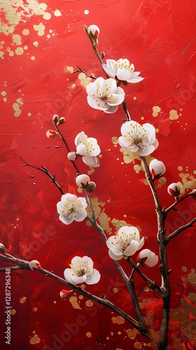 Traditional gold foil art red and white plum blossom illustration poster background